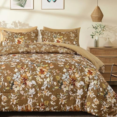 Dobuyly Brown Comforter Set Queen Size, 7 Piece Floral Bedding Comforter Set, Bed in a Bag Botanical Flower Pattern with Sheets, Pillowcases & Shams All Season