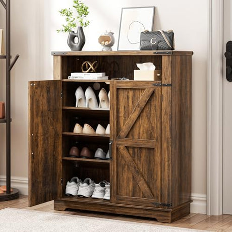 ALLSTAND 6-Tier Shoe Cabinet with Doors, Entryway Shoe Rack Wooden Shoe Storage Cabinet with Adjustable Shelves & Anti-tip Fitting, Farmhouse Shoe Cabinet Storage for Entryway, Living Room, Closet ALLSTAND
