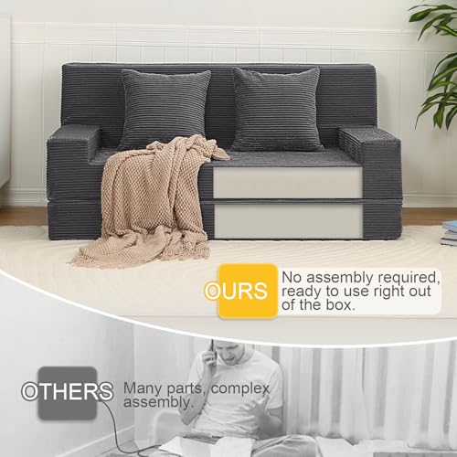 MeMoreCool Folding Futon Couch Queen – Boneless Corduroy Sofa Bed, Convertible Foam Floor Lounger with Pillow & Washable Cover, Foldable Sleeper for Living Room, Bedroom, Guest Space MeMoreCool