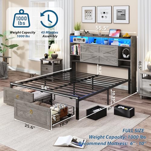 TIGUBFRE Full Bed Frame with Storage Headboard, Farmhouse Wood Bed Frame Full Size with 4 Drawers, LED Light & Charging Station, Metal Slats Support, Noise Free, No Box Spring Needed, Rustic Gray TIGUBFRE