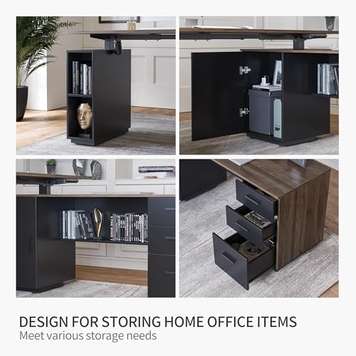FEZIBO 63" L Shaped Standing Desk with Storage, Executive Height Adjustable Table, Deep Wood Grainy FEZIBO