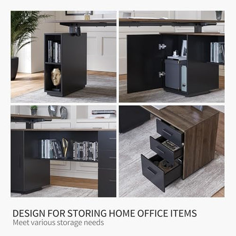 FEZIBO 63" L Shaped Standing Desk with Storage, Executive Height Adjustable Table, Deep Wood Grainy FEZIBO