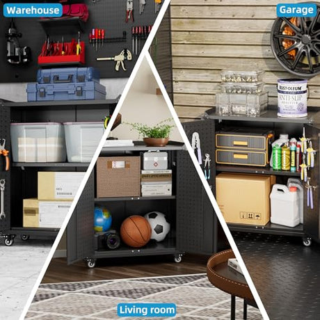 Aobabo 31.5" H Garage Storage Cabinet with Wheels,Lockable Metal Storage Cabinet with 2 Doors for Garage Home Office Storage,Black,Assembly Required Aobabo