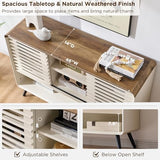 OKD Entryway Table with Sliding Slatted Door, 46" Mid Century Modern Wood Console Table w/Adjustable & Open Storage Shelf, Sofa Table Behind Couch for Hallway, Foyer, Living Room, Antique White OKD