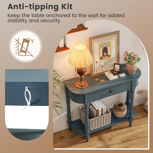 Giantex 2-Tier Console Table, 36" Retro Entryway Table with Storage Drawer & Elegant Legs, Narrow Wooden Sofa Table with Open Shelf for Living Room, Foyer, Hallway, Bedroom, Entrance (Blue) Giantex