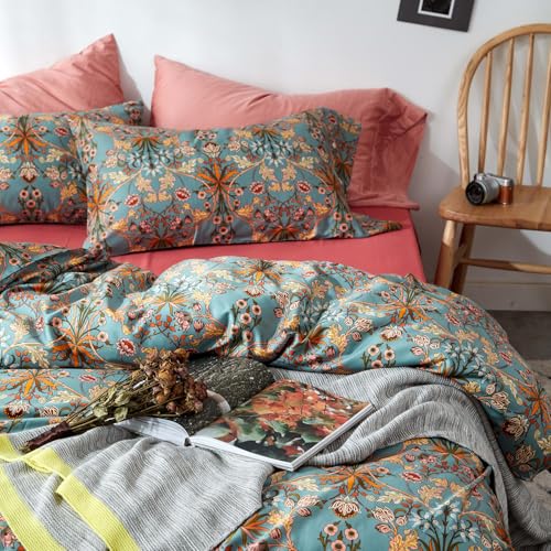 mixinni Vintage Style Garden Flower Duvet Cover Set with Zipper Closure Long Staple Percale Cotton Yellow Vibrant Pattern on Bedding Quilt Cover Set(California King, All Season) mixinni