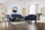 MASARA Tufted Velvet Sofa, 91-inch Camelback Design, Blue with Nailhead Trim and Walnut Legs MASARA