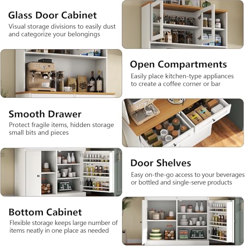 Tall Pantry Cabinet, Modern Kitchen Hutch with Microwave Stand, Kitchen Pantry Storage Cabinet with 2 Darwers & Door Shelf, Food Pantry with Glass Doors & Adjustable Shelves for Dining Room, White Gyfimoie