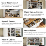 Tall Pantry Cabinet, Modern Kitchen Hutch with Microwave Stand, Kitchen Pantry Storage Cabinet with 2 Darwers & Door Shelf, Food Pantry with Glass Doors & Adjustable Shelves for Dining Room, White Gyfimoie