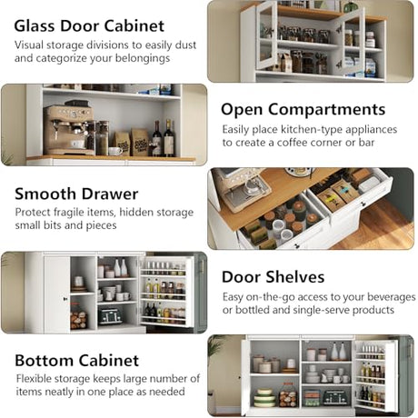 Tall Pantry Cabinet, Modern Kitchen Hutch with Microwave Stand, Kitchen Pantry Storage Cabinet with 2 Darwers & Door Shelf, Food Pantry with Glass Doors & Adjustable Shelves for Dining Room, White Gyfimoie