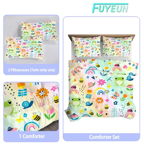 FUYEUN Rainbow Comforter Sets Twin Size Cartoon Floral Frogs Bedding Set for Girls Kids Children Boys Butterfly Flowers Bees Insects Cute Kawaii Quilt 1 Comforter + 1 Pillow Case FUYEUN
