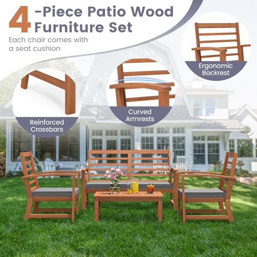 Tangkula 4 Pieces Outdoor Furniture Set, Acacia Wood Conversation Set w/Soft Seat Cushions, Stable Acacia Wood Frame, Patio Sofa & Coffee Table Set for Backyard, Porch, Poolside (Grey) Tangkula