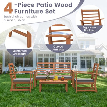 Tangkula 4 Pieces Outdoor Furniture Set, Acacia Wood Conversation Set w/Soft Seat Cushions, Stable Acacia Wood Frame, Patio Sofa & Coffee Table Set for Backyard, Porch, Poolside (Grey) - WoodArtSupply