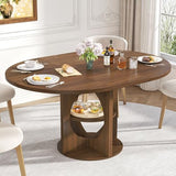 Modern Extendable Round Dining Table for 4-6, 43-59 Inch Oval Dinner Kitchen Table with Storage, Wood Walnut Circle Table with Leaf, Space Saving, for Dining Room, Living Room Xyulmeo