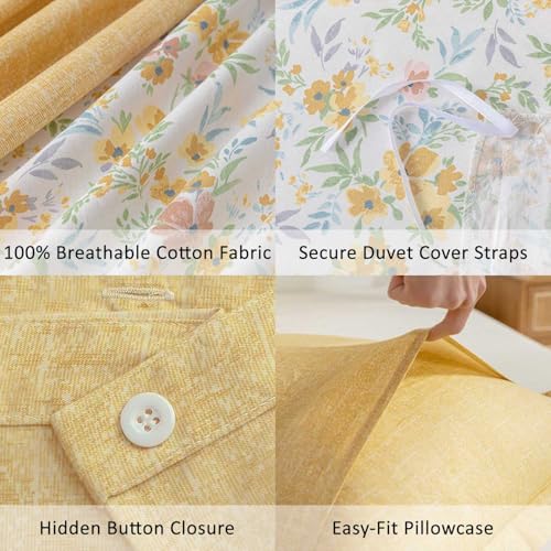 100% Natural Cotton Duvet Cover Twin Size 2Pcs - Yellow Duvet Cover with Pink & Green Flowers and Leaves on White,Reversible Floral Comforter Cover Sets with Button Closure(68"×90"，1 Pillowsham） ALEISSEL
