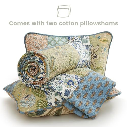 Secgo Queen Comforter Set for Bed - 100% Cotton Quilts Queen Size, Green, Sage Bedspreads (90 * 98 Inch) with 2 Pillow Shams, Patchwork Reversible Lightweight Bedding Secgo