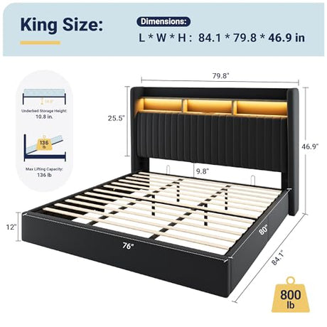 Allewie King Size Lift Up Hydraulic Storage Bed Frame, 2-Tier Shelf Headboard with LED Lights and Charging Station, USB and Type C Ports, Wingback Velvet Headboard, No Box Spring Needed, Black Allewie