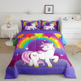 Erosebridal Girls Unicorn Comforter Set Twin Girls Bedding Set Cute Rainbow Unicorn Print Down Comforter Kids Cartoon Kawaii Duvet Insert Galaxy Stars Fantasy Room Decor Children Reversible Purple Erosebridal