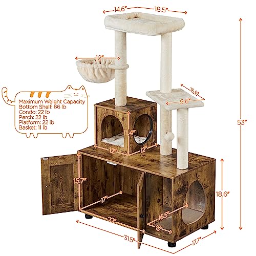 Yaheetech Cat Tree with Litter Box Enclosure, 2-in-1 Cat Tower with Condo & Scratching Post, 53in Tall Cat Tree for Indoor Large Cats, Cat Activity Center, Rustic Brown/Beige Yaheetech