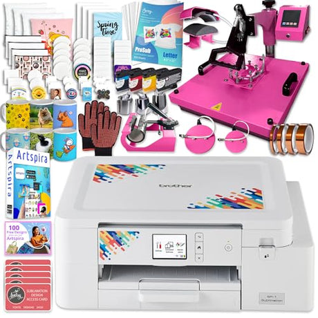 Brother SP-1 Dye-Sublimation Printer Bundle with 8-in-1 Swing Away Press, Mug & Cup Heat Press, Full Ink Set, 310 Sublimation Transfer Sheets, Sublimation Blanks, Tape and More Brother