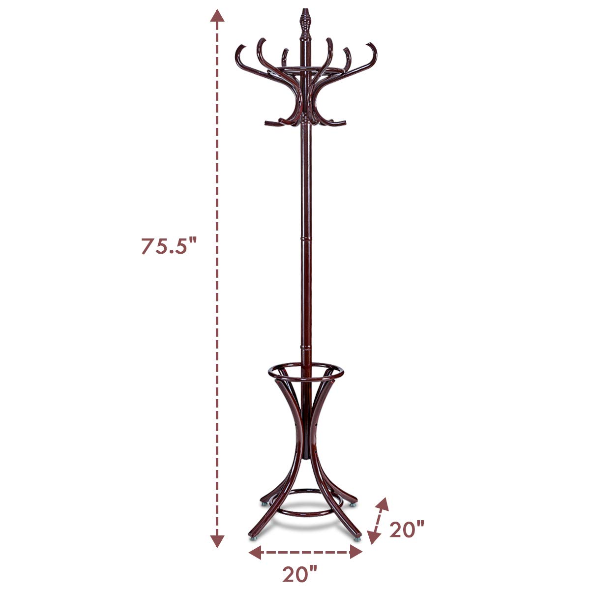 Tangkula 75.5" Standing Coat Rack, Wood Coat Tree with 12 Hooks, Home Hat Jacket Hanger Tree 12 with Umbrella Holder Coat Stand (Brown) Tangkula