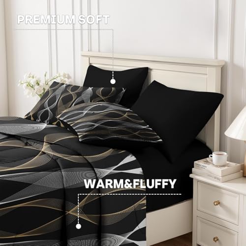 Nesker 7 Pcs Comforter Set Queen Size, Striped Minimalist Bedding Set for Kids and Adults, White Golden Wave Bed Sheet Sets with Fitted Sheet 2 Pillowcases & 2 Shams Nesker