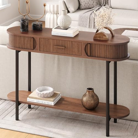 ONBRILL 47 Inch Fluted Console Table with Drawers, Entryway Table with Storage, Oval Sofa Tables Behind Couch, Mid-Century Modern Hallway Tables for Entryway, Hallway, Small Spaces, Walnut ONBRILL