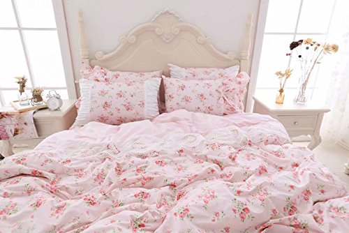 LELVA Romantic Roses Print Duvet Cover Set with Bed Skirt Pink Lace Ruffle Floral Shabby Chic Bedding Sets Full 4 Piece LELVA