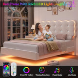 HIFIT Upholstered Full Size LED Bed Frame with Charging Station and Adjustable Crystal Button-Tufted Puffs Headboard, Velvet Princess Floating Platform Bed Frames for Girls, No Box Spring Needed,Beige HIFIT
