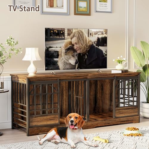 COZPAW 78 Inch Double Dog Crate Furniture, Extra Large Dog Kennel Indoor for 2 Dogs, Heavy Duty Dog Cage with Divider, Wooden Dog House Decorative Table TV Stand for XLarge Dogs (Cognac Brown) COZPAW