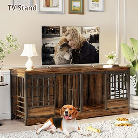 COZPAW 78 Inch Double Dog Crate Furniture, Extra Large Dog Kennel Indoor for 2 Dogs, Heavy Duty Dog Cage with Divider, Wooden Dog House Decorative Table TV Stand for XLarge Dogs (Cognac Brown) COZPAW
