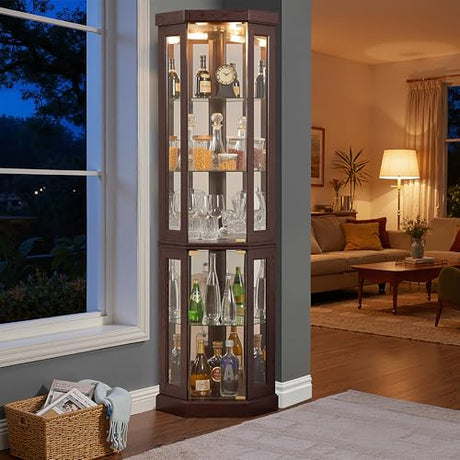 Casaphoria Corner Cabinet, Classic Curio Cabinet with Tempered Glass Doors & Adjustable Shelves for Home Decor, Space-Saving Accent Cabinet with Storage Rack for Collectibles & Liquor, (Cherry) Casaphoria