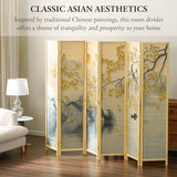 MyGift 6 Panel Large Bamboo Room Divider with Dual Sided Asian Birds Gingko Biloba Tree Sunset Design Print, 6FT Freestanding Artwork Privacy Partition Folding Screen with Beige Solid Wood Frame MyGift