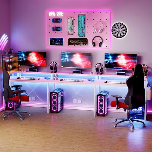 IDEALHOUSE U Shaped Home Office Desk, Reversible L Shaped Gaming Computer Desk with Power Outlets,126 Inch Computer Desk with Monitor Stand and LED Lights,Storage Shelves,Storage Bag and Hooks（Pink） IDEALHOUSE