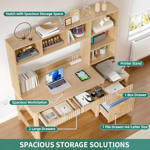 YITAHOME Computer Desk with Hutch and Drawers, 55" Office Desk with Storage Shelves and Printer Stand, Gaming Desk with Power Outlets & LED Lights, Fluted Sturdy Writing Workstation, Natural Oak YITAHOME