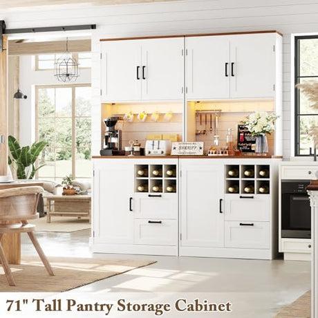 Unikito 72" Tall Pantry Cabinet, Kitchen Pantry Storage Cabinet with LED Light & Outlet, 63" Wide Kitchen Hutch Bar with Microwave Stand, Drawers, Wine Rack & Shelves, Cupboard for Dining Room, White Unikito