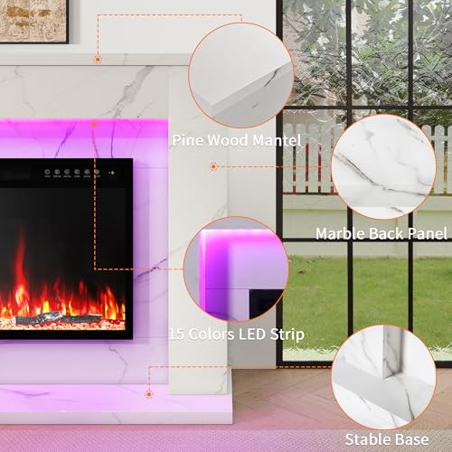 60 Inch Electric Fireplace with Mantel, Replaceable 42”Fireplace Insert Heater, 3D Realistic Log and Flame Effect, Timer, White Marble Finish for Living Room Bedroom Eshoma