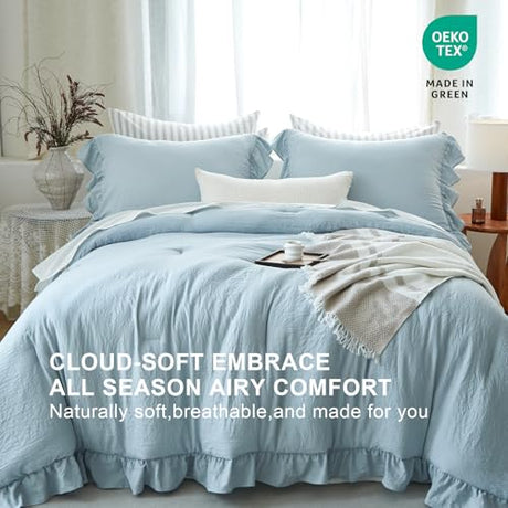 softpage Blue Ruffle Comforter Set King, Pre-Washed Shabby Chic Bedding Set, Lightweight Cottagecore Soft Romantic Cozy 1 Comforter & 2 Shams, All-Season softpage