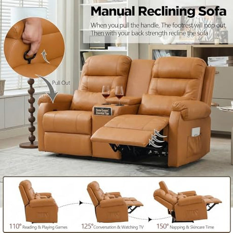 MANBUR RV Reclining Loveseat Sofa with Console, Wall Hugger Recliner Sofa, Double Recliner Home Movie Theater Seating with Cup Holders & Storage (Faux Leather Orange) MANBUR