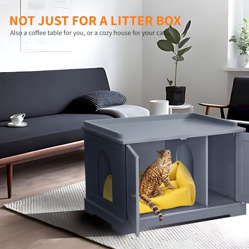 Cat Litter Box Enclosure Furniture, Litter Box Furniture Hidden with Removable Divider, Wooden Cat Washroom Furniture,Cat House, 28.74“L x 21.1”W x 20.24“H - Gray Sumell