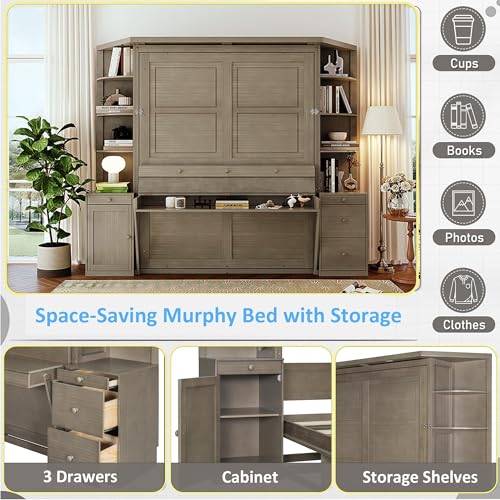 Merax Queen Size Murphy Bed with Desk and LED Light,Wall Bed Frame Folding into Cabinet Design w/Storage Shelf for Small Space,Bedroom,Guest Room,Rustic Brown Merax