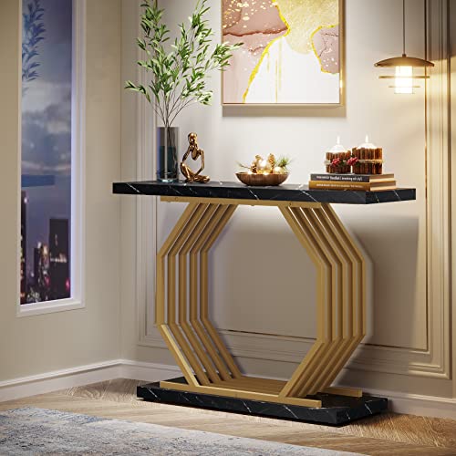 Tribesigns Gold Console Table, Faux Marble Entryway Table Narrow Sofa Table with Geometric Metal Base, 40 Inch Modern Accent Table Entrance Table for Living Room, Hallway, Foyer, Black Tribesigns
