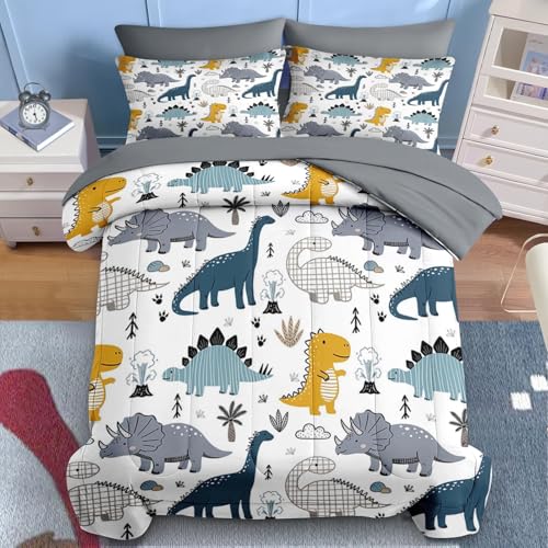 Nesker 7 Pcs Comforter Set Queen Size, Cute Dinosaur Dino Bedding for Kids Teen, Blue Yellow Dragon with Fitted Sheet 2 Pillowcases & 2 Shams for Bedroom Bed Décor Nesker