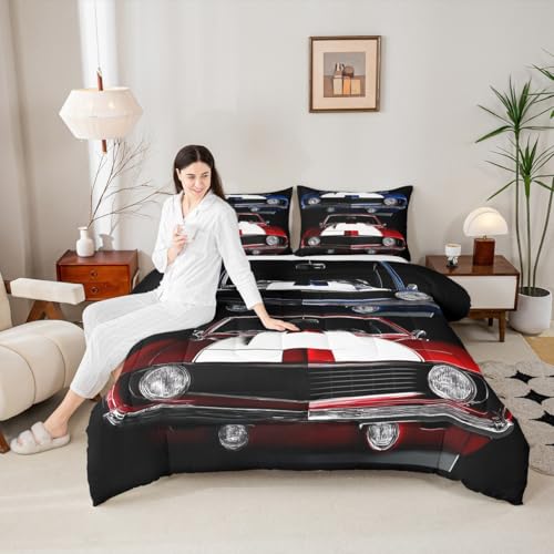 Classic Race Car Comforter Set - Retro Vehicles Theme Bedding with 1 Comforter and 1 Pillow Case - Twin Size Erosebridal