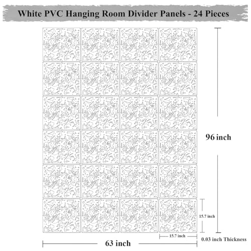 LRZCGB Hanging Room Divider,24 Pieces PVC Screen Partition Panel with Butterfly Flower Bird for Living Dining Study Sitting-Room Hotel Bar Decoration (White, 24) LRZCGB