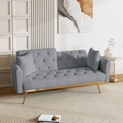 Modern Velvet 2 in 1 Futon Sofa Bed,Convertible Folding Sleeper Bed Couches with 2 Pillows,73" Tufted Recliner Love Seat with Golden Chrome Legs for Living Room Apartment Office (Grey-New) Anwick