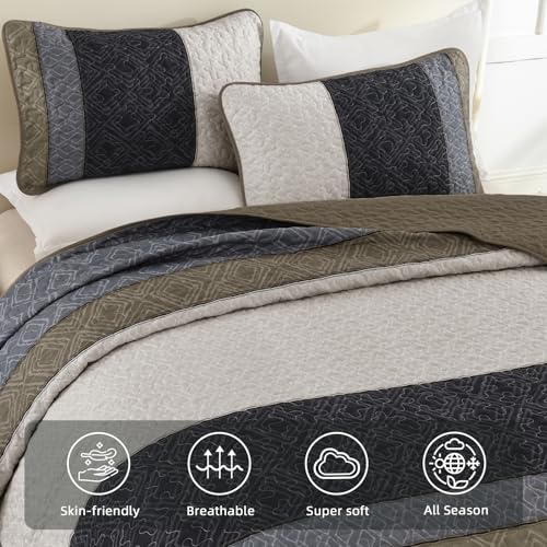 Cottolester Quilt Set Queen Size 3 Pieces,Striped Plaid Bedspread Coverlet Set,Taupe Boho Bedding Set Soft Microfiber Bedding Set with 2 Pillow Shams 96"x90" Cottolester