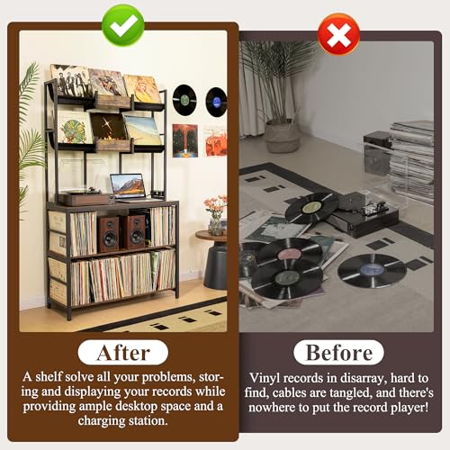 Aquzee Extra Large Record Player Stand, Vinyl Record Stand Hold Up to 600 Albums, Turntable Stand with Record Display Shelf, Record Player Table for Living Room Bedroom Music Room Studio, Rustic Brown Aquzee