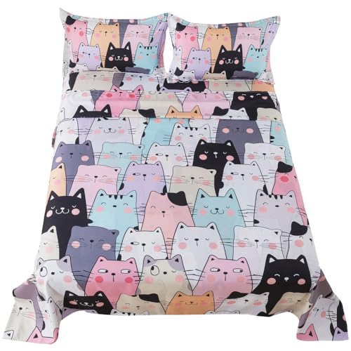 ADASMILE A & S Kids Cat Sheets Full Size for Girls Kawaii Cat Bedding Sets Including 1 Fitted Sheet 1 Flat Sheet 2 Pillowcases Kitten Animals Printed Bed Set Soft Microfiber All Season Home Decor ADASMILE A & S