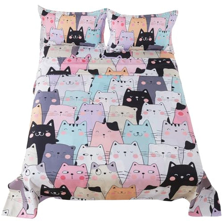 ADASMILE A & S Kids Cat Sheets Full Size for Girls Kawaii Cat Bedding Sets Including 1 Fitted Sheet 1 Flat Sheet 2 Pillowcases Kitten Animals Printed Bed Set Soft Microfiber All Season Home Decor ADASMILE A & S